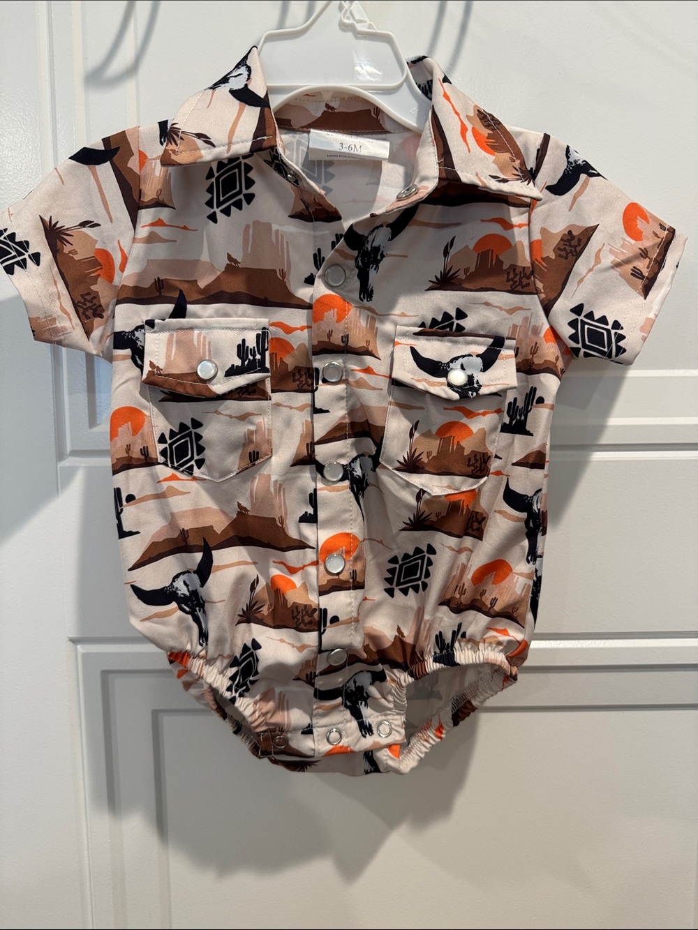 Shea baby Western Pearl snap-Front Romper Shirt - Beige & Orange